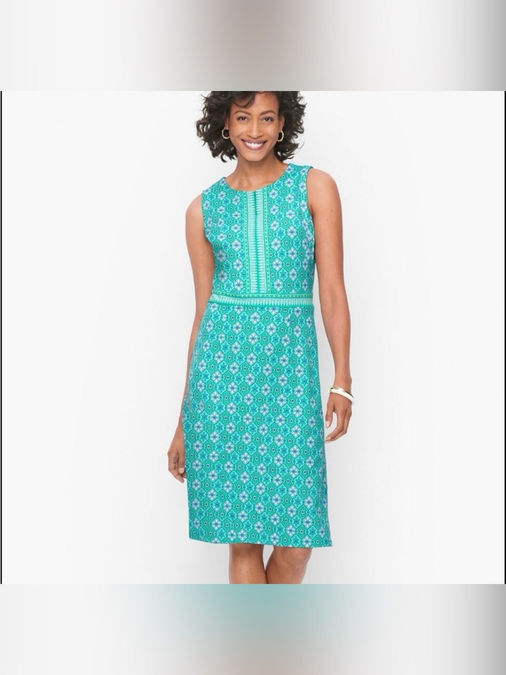 Talbots Sleeveless Green Patterned Moroccan Mandala Shift Nylon Midi Dress Large
